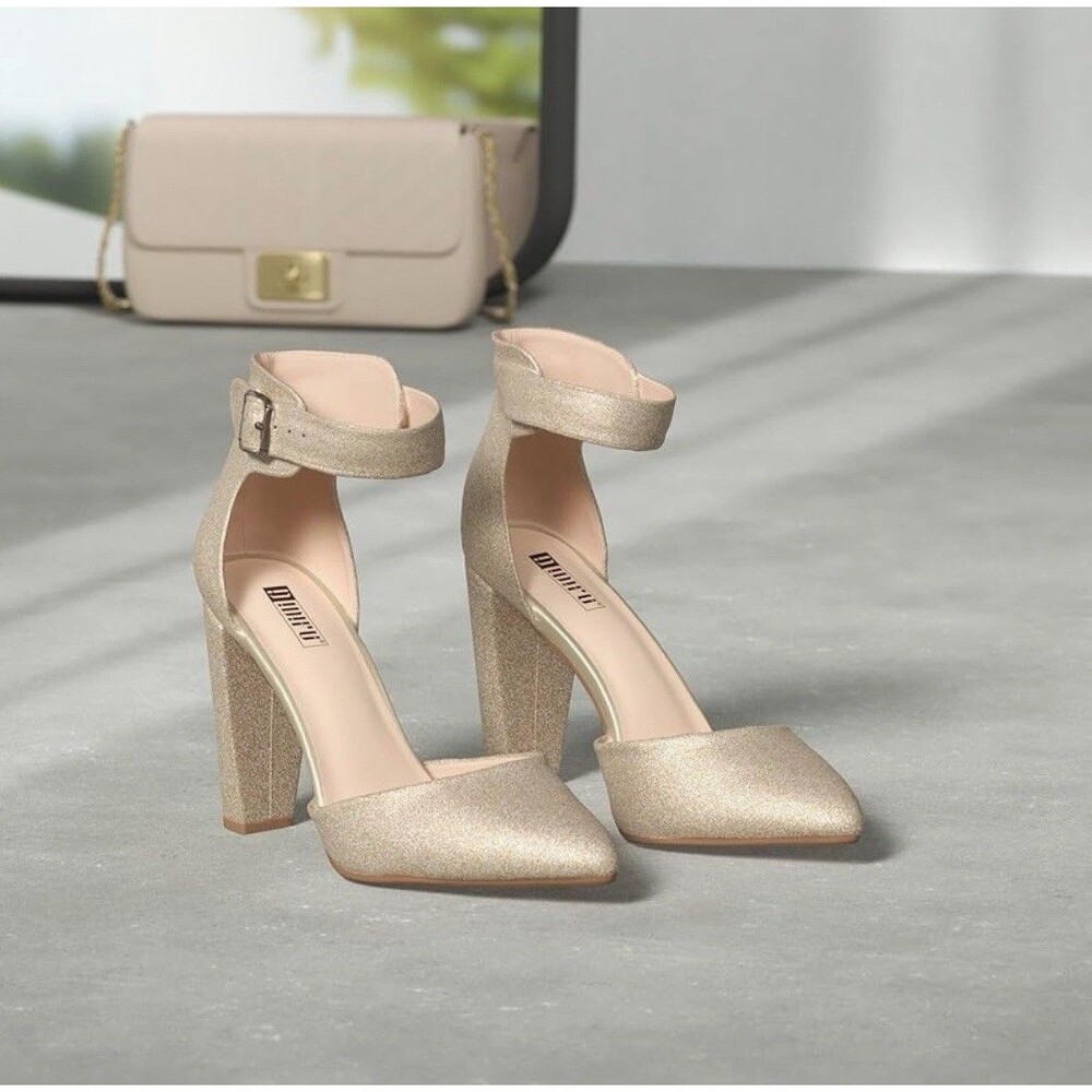 Idifu Sparkly Gold Chunky 4" Heels Ankle Strap Size 8.5 Prom Wedding Fun Formal - Picture 2 of 14